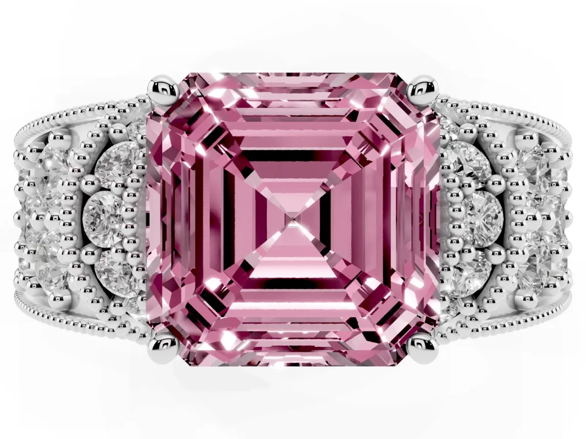 Fancy Pink Asscher Cut Halo Pave Diamond Engagement Ring with Milgrain Detailing Silver