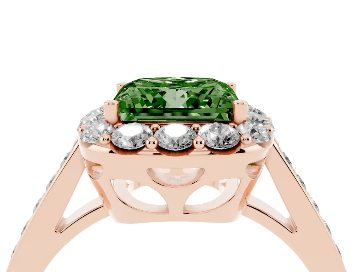 Fancy Green Princess Cut Diamond Floral Halo Ring with Pavé Band and Prong Setting Rose gold