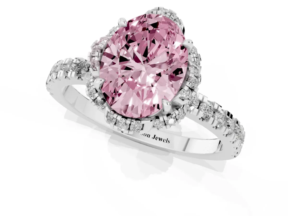 Fancy Pink Oval Cut Diamond Halo Pave Band with Four-Prong Setting Silver