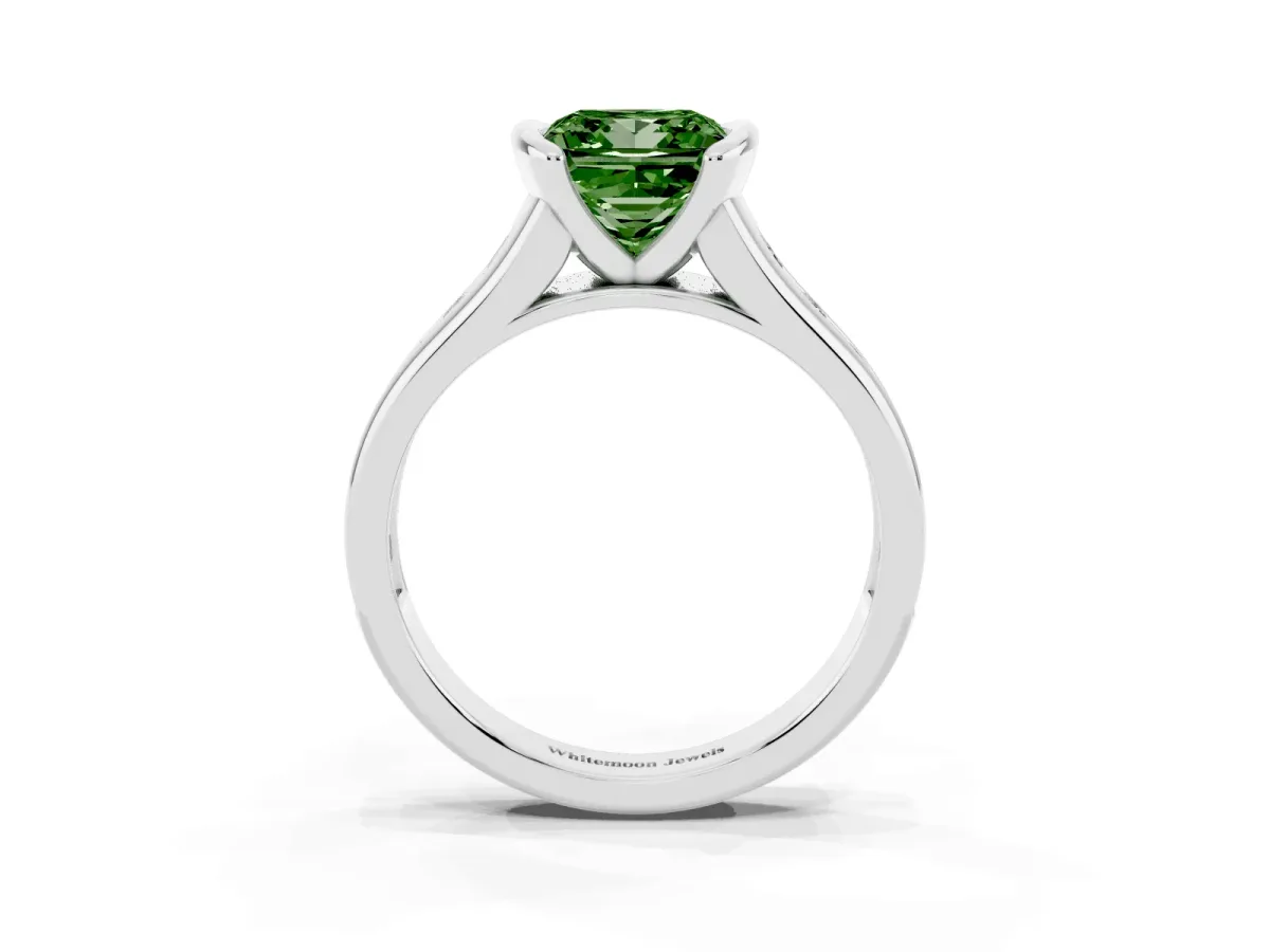 Fancy Green Princess Cut Solitaire Bezel-Set Diamond Ring with Channel-Set Band Silver