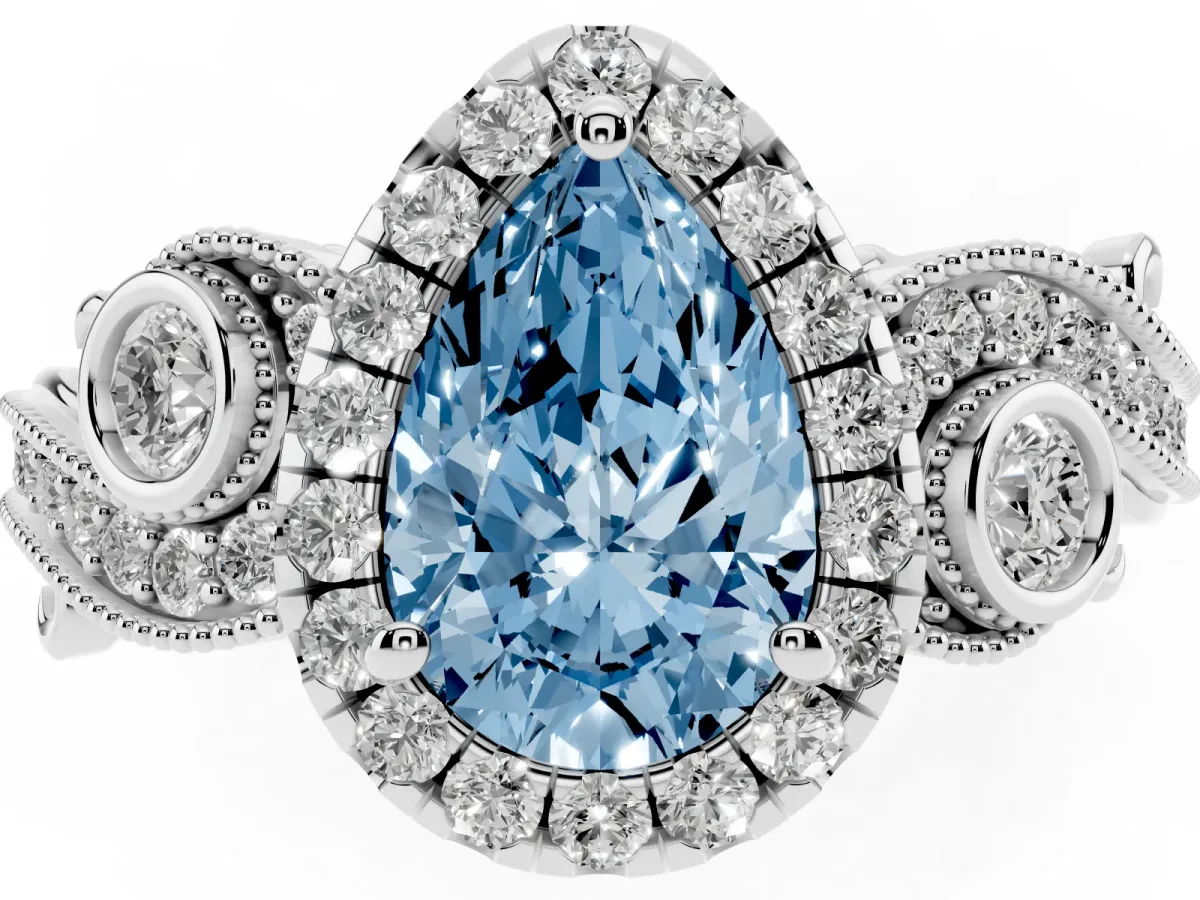 Fancy Blue Pear Cut Diamond Halo Ring with Milgrain Pavé Band and Four-Prong Setting Silver