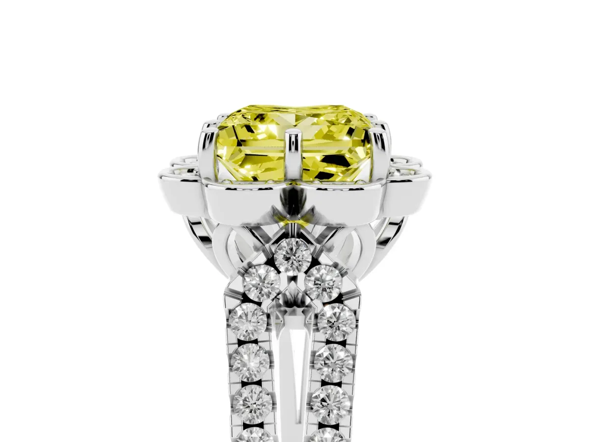 Fancy Yellow Princess Cut Halo Diamond Floral Split Shank Engagement Ring Silver