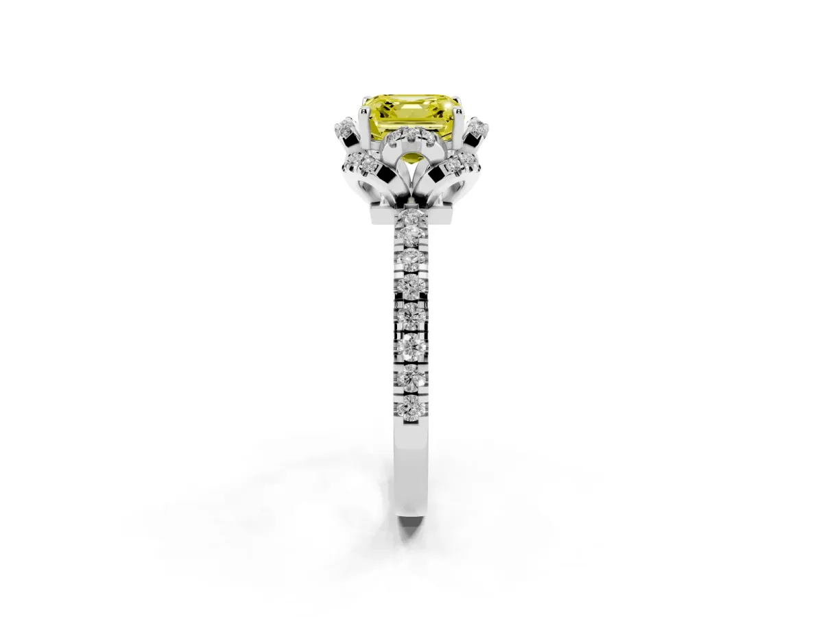 Fancy Yellow Asscher Cut Diamond Halo Pave Band with Four-Prong Setting Platinum