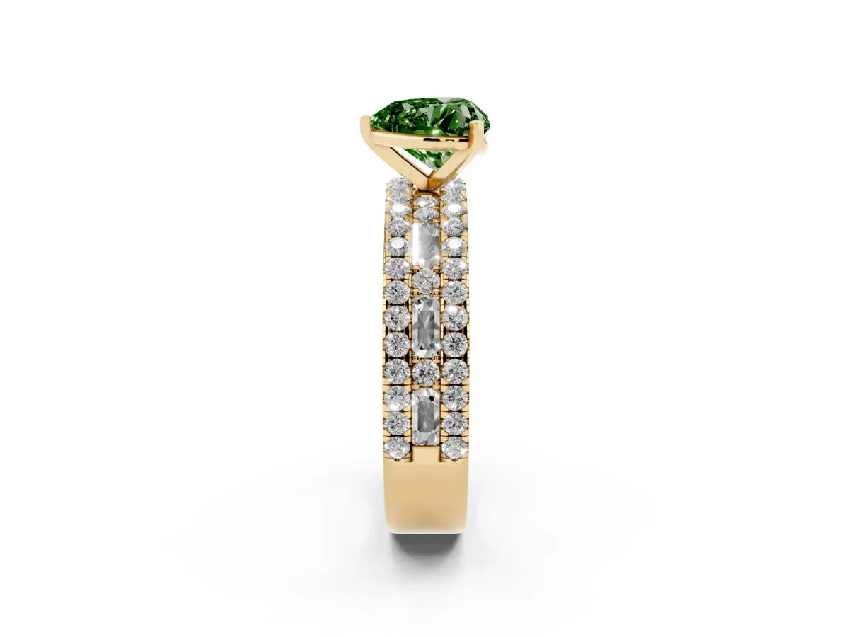 Fancy Green Heart Cut Diamond Solitaire Ring with Pavé and Channel Set Band Yellow gold