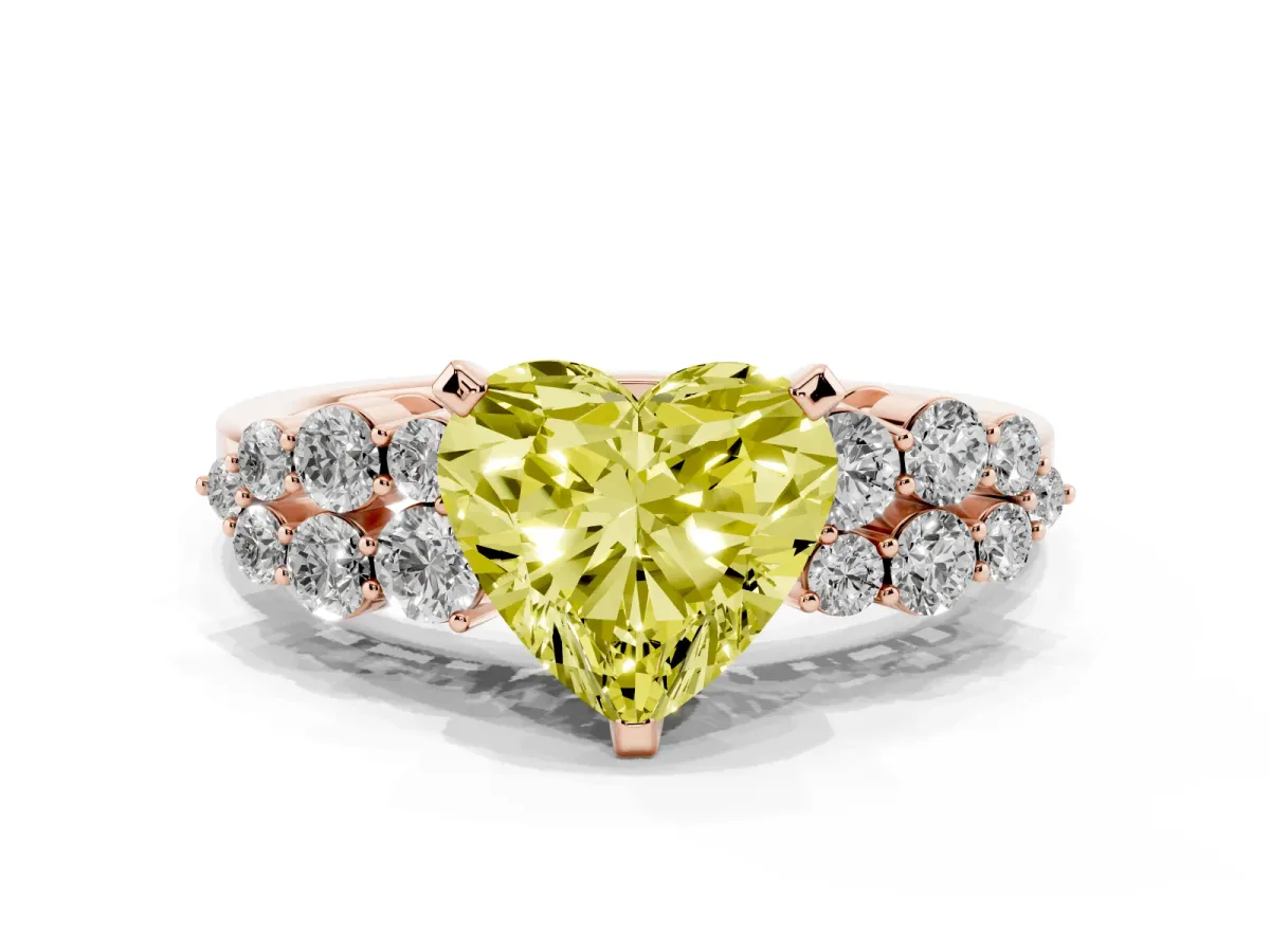 Fancy Yellow Heart Cut Cluster Diamond Engagement Ring with Pavé Band and Four-Prong Setting Rose gold