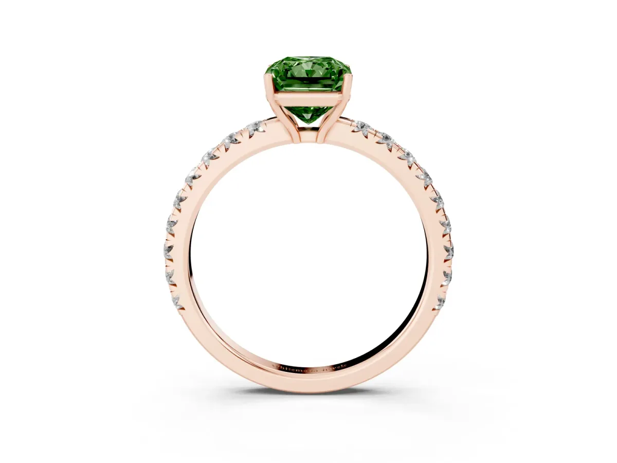 Fancy Green Radiant Cut Diamond Pavé Solitaire Engagement Ring with Four-Prong Setting Rose gold