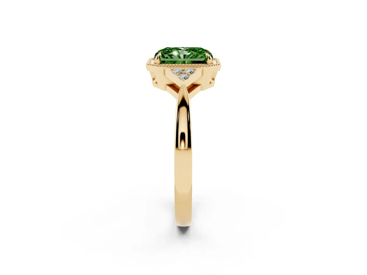 Fancy Green Hexagonal Halo Radiant Cut Diamond Solitaire with Pavé Band and Four-Prong Setting Yellow gold