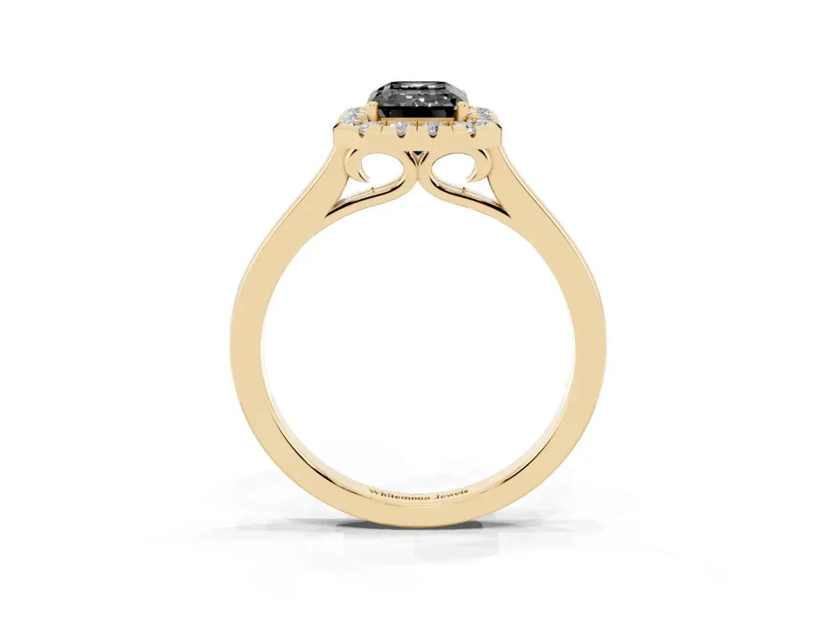 Fancy Black Emerald Cut Halo Round Diamond Solitaire Ring with Pavé Band and Four-Prong Setting Yellow gold