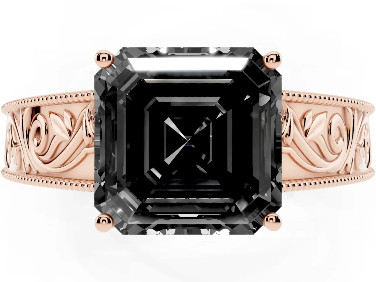 Fancy Black Asscher Cut Diamond Solitaire Ring with Engraved Band and Four-Prong Setting Rose gold