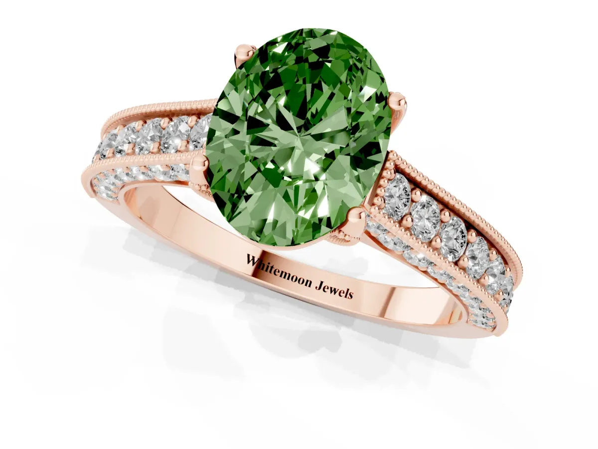Fancy Green Oval Cut Cut Diamond Solitaire Ring with Milgrain Pave Band and Four Prong Setting Rose gold