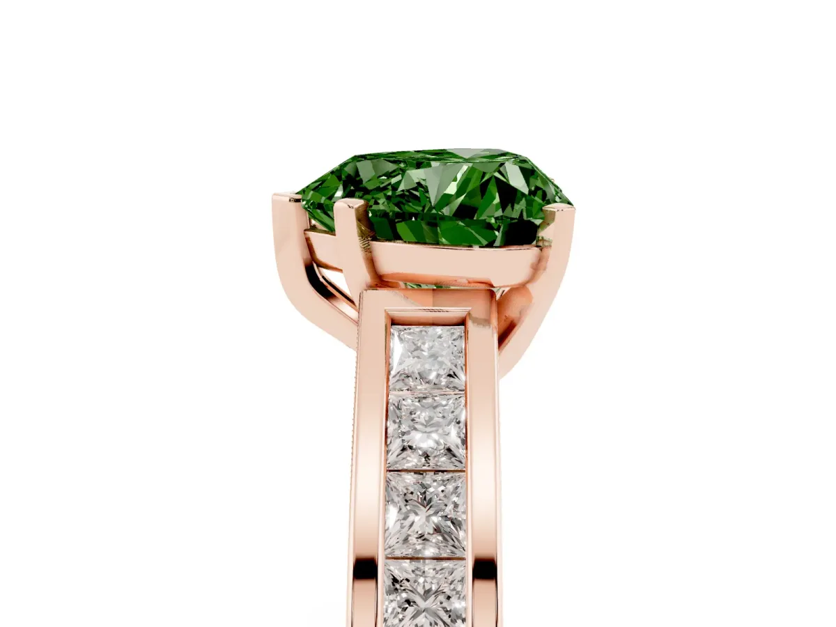 Fancy Green Heart Cut Solitaire Diamond Ring with Channel-Set Band and Four-Prong Setting Rose gold