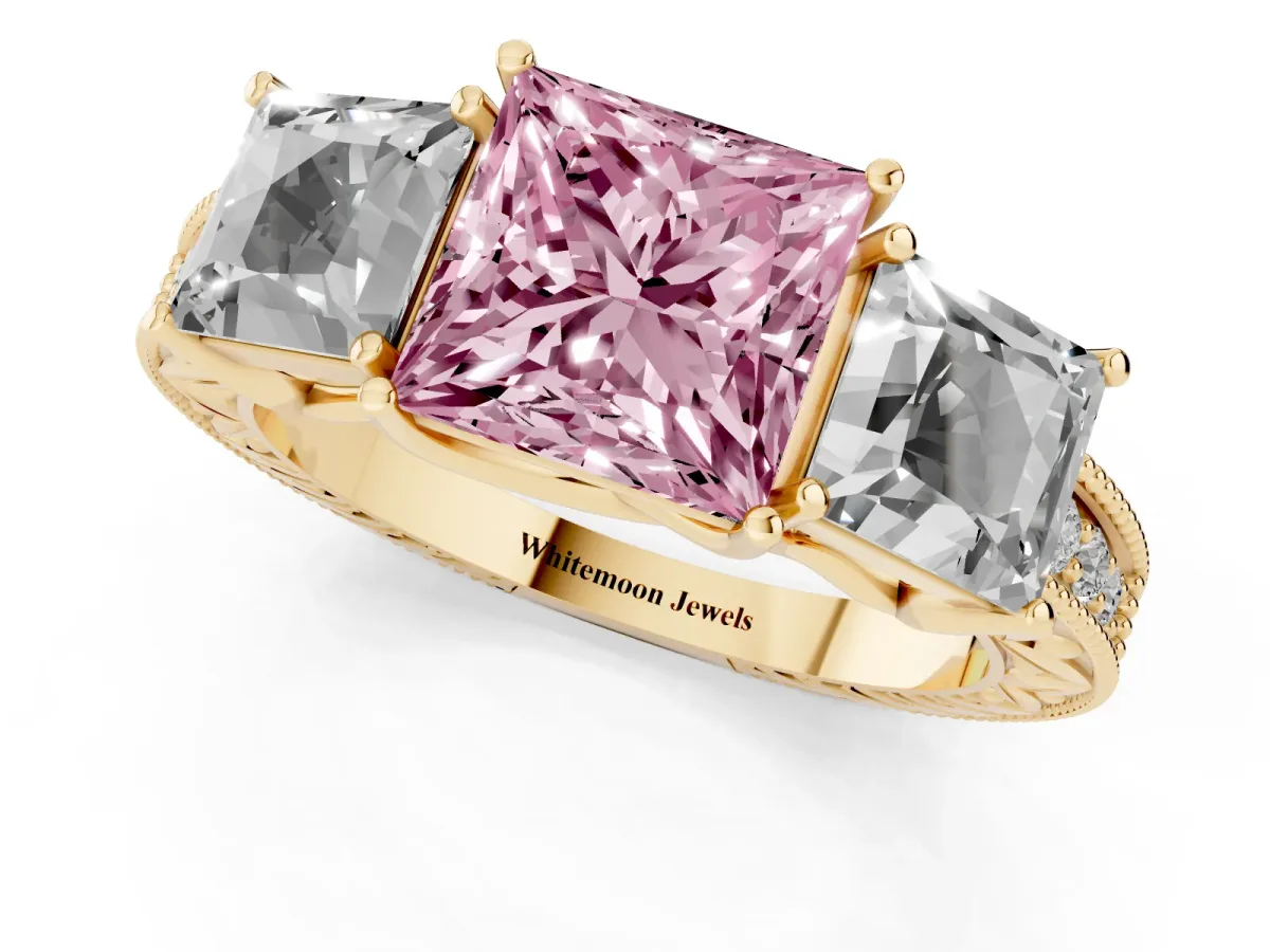 Fancy Pink Three-Stone Princess Cut Cut Milgrain Pavé Engagement Ring Yellow gold