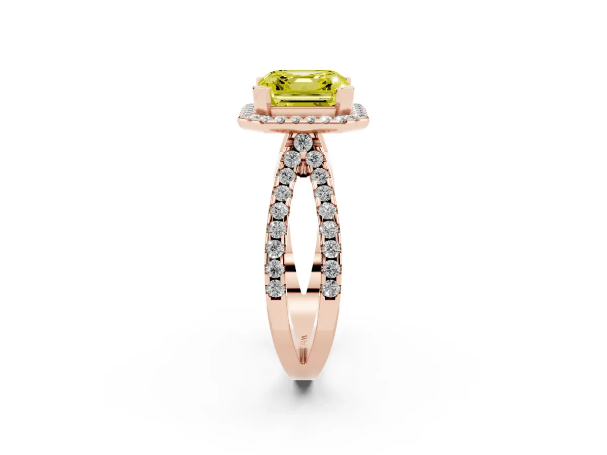 Fancy Yellow Asscher Cut Diamond Halo Ring with Split Shank Pavé Band and Prong Setting Rose gold