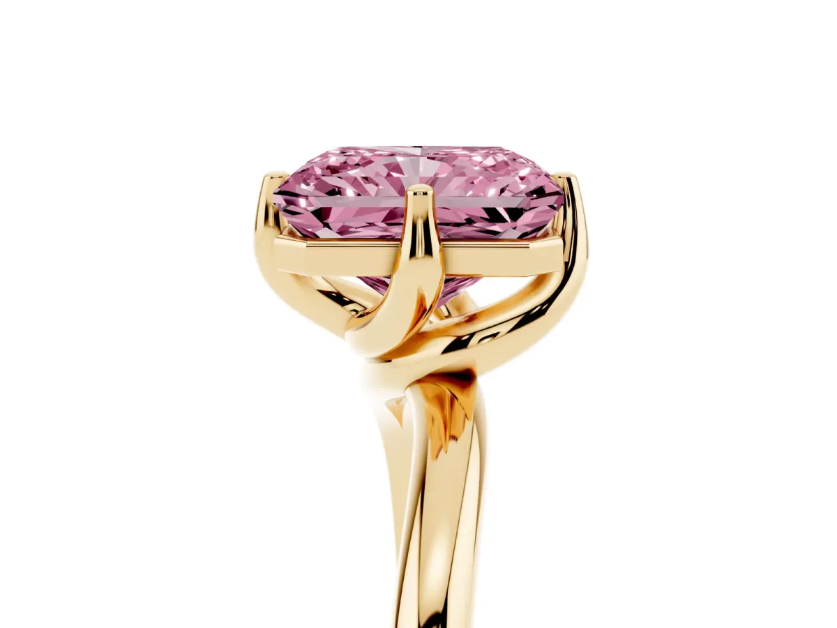 Fancy Pink Radiant Cut Diamond Solitaire Engagement Ring with Four-Prong Setting and Classic Band Yellow gold