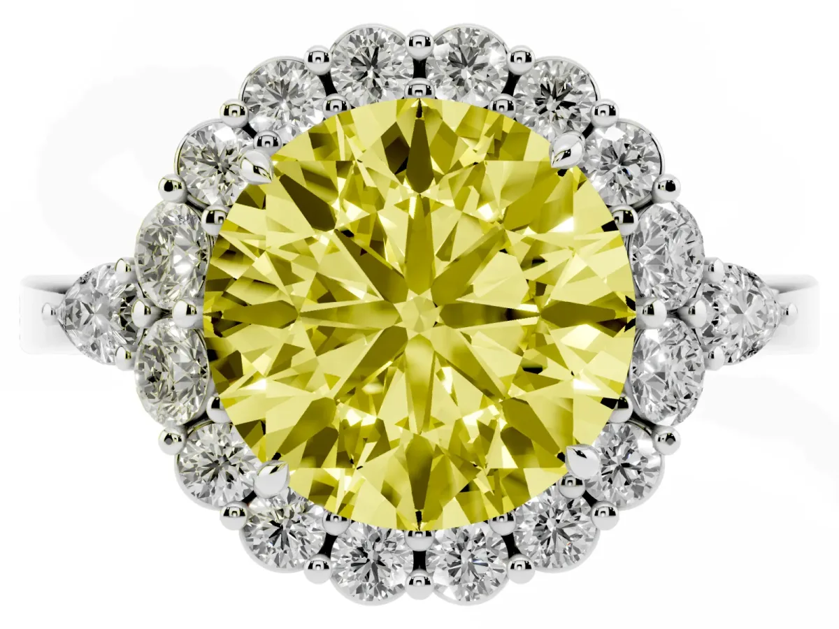 Fancy Yellow Round Cut Diamond Halo Ring with Pear Side Stones and Prong Setting Silver