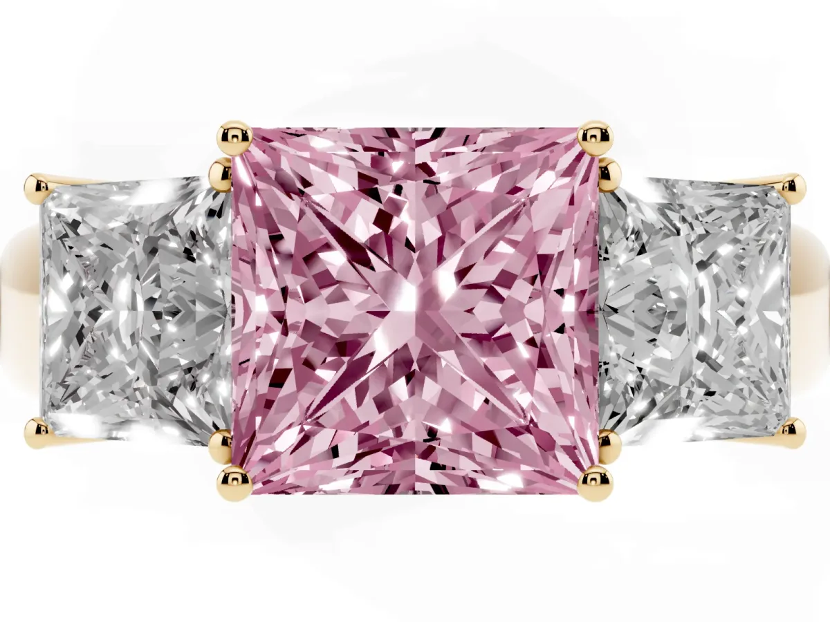 Fancy Pink Three-Stone Princess Cut Cut Diamond Ring with Prong Setting and Classic Band Yellow gold