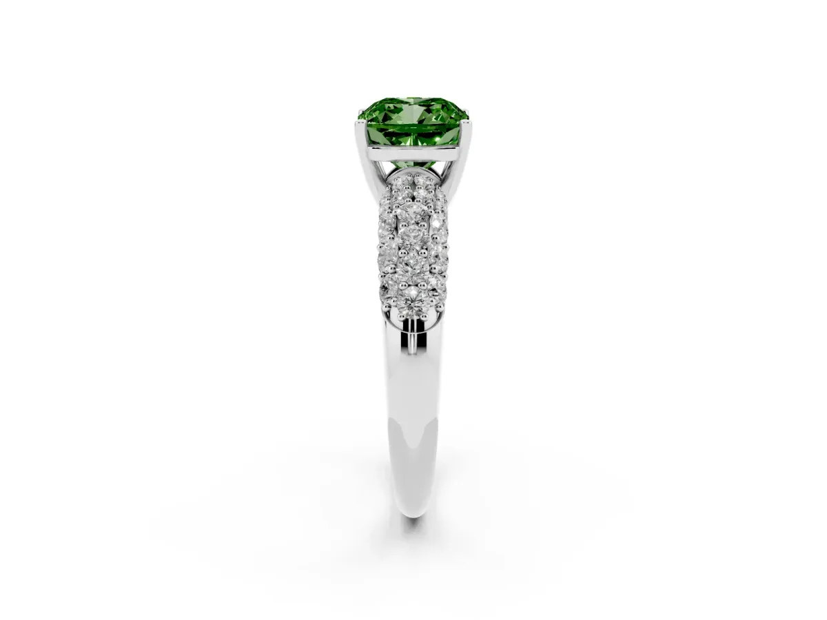 Fancy Green Cushion Cut Diamond Pavé Band Solitaire Ring with Four-Prong Setting Silver