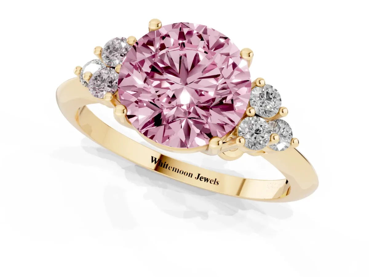 Fancy Pink Round Cut Cut Diamond Cluster Ring with Solitaire Band and Four-Prong Setting Yellow gold