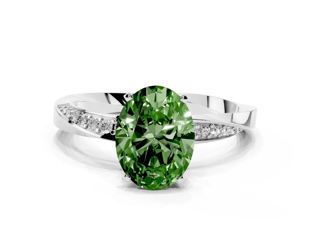 Fancy Green Oval Cut Diamond Engagement Ring with Side Stone Accents and Four-Prong Setting Platinum