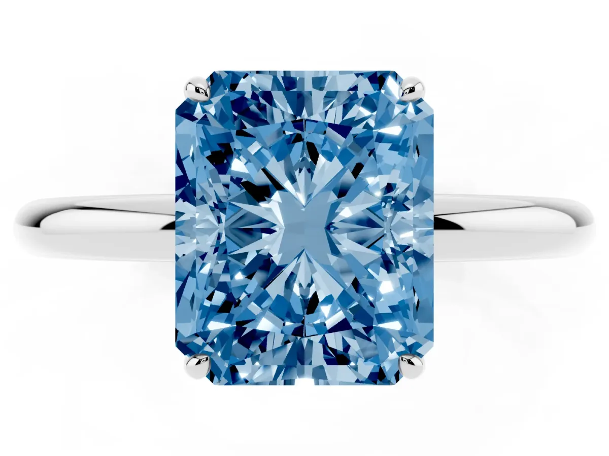 Fancy Blue Radiant Cut Solitaire Diamond Ring with Four-Prong Setting on a Plain Band White gold