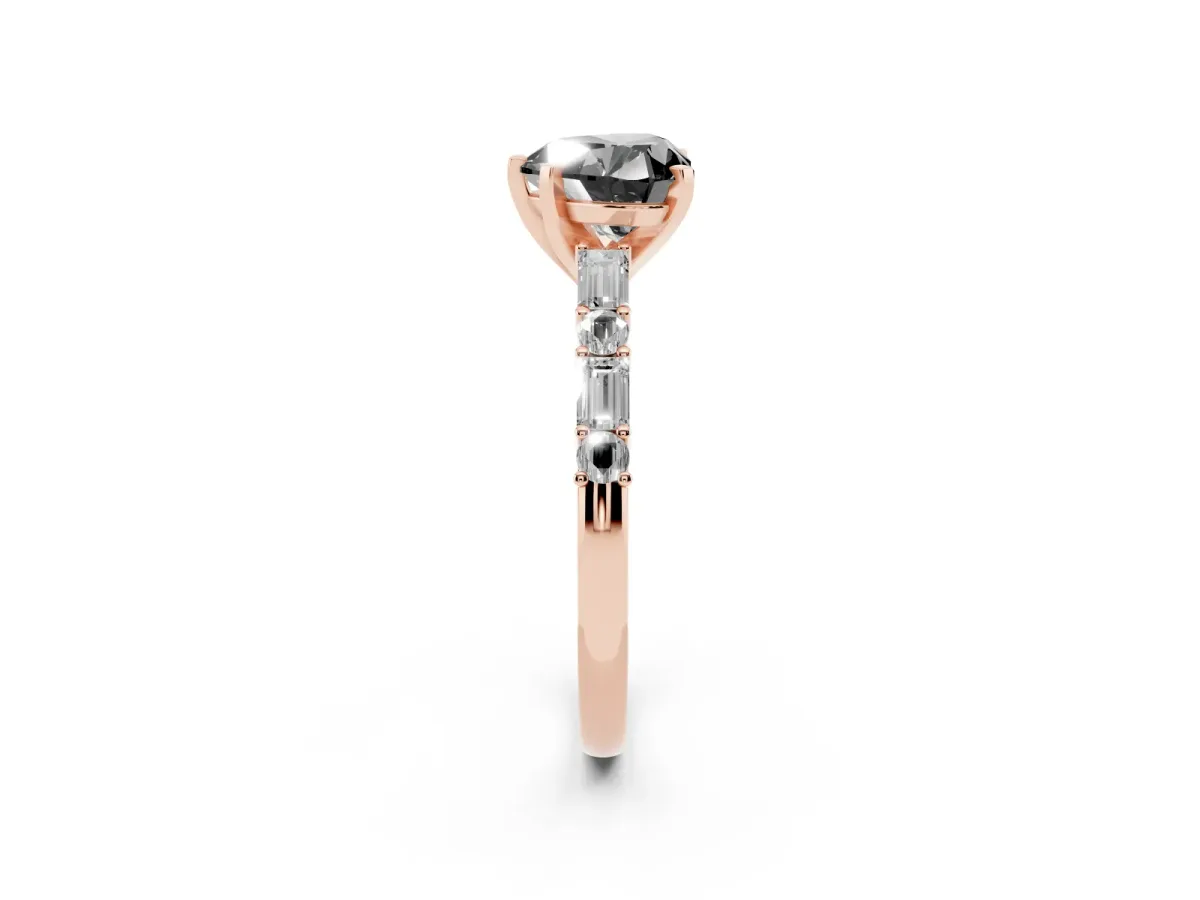 Fancy Black Heart Cut Diamond Solitaire with Side Baguettes and Channel Set Band Rose gold