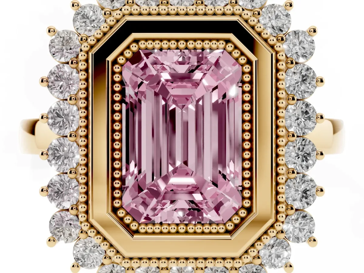 Fancy Pink Emerald Cut Halo Diamond Ring with Milgrain Edge and Round Prong Setting Yellow gold