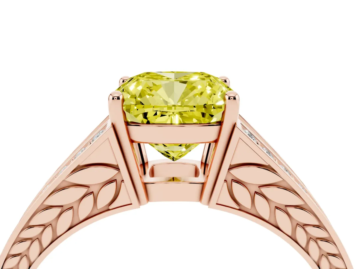Fancy Yellow Cushion Cut Diamond Split Shank Ring with Pavé Band and Four-Prong Setting Rose gold