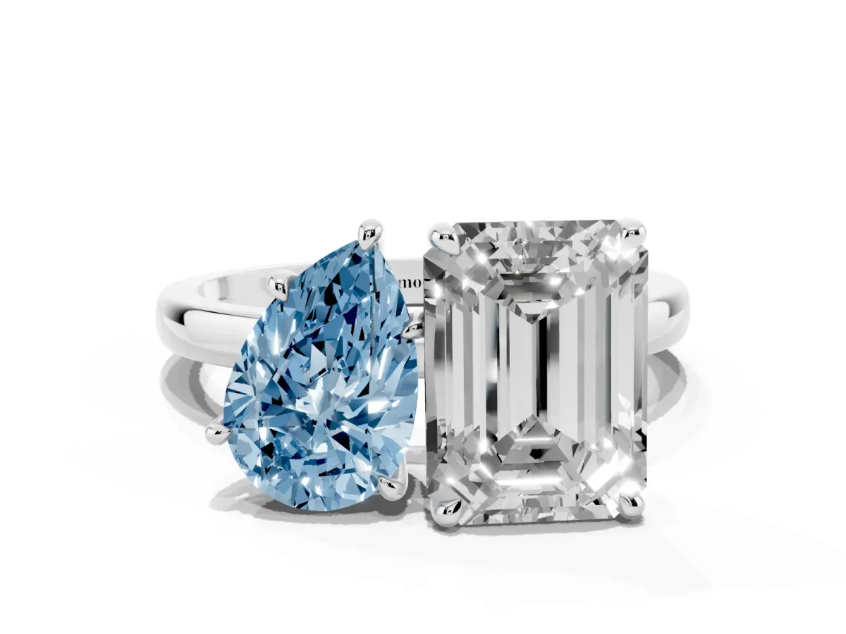 Fancy Blue Pear Cut and Emerald Cut Toi Moi Ring with Prong Setting Platinum