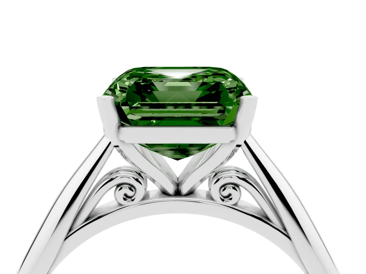 Fancy Green Asscher Cut Diamond Solitaire Engagement Ring with Cathedral Setting and Four-Prong Mount Silver
