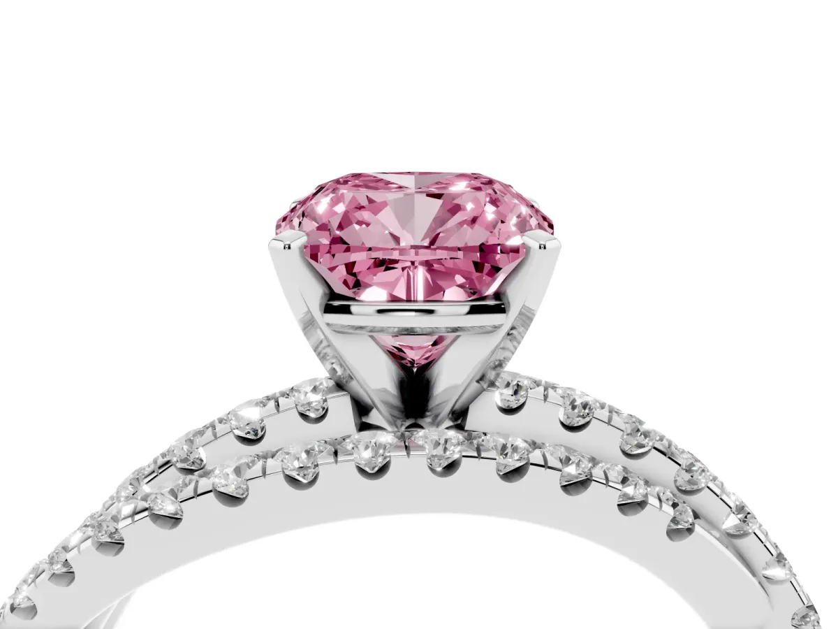Fancy Pink Cushion Cut Solitaire Twist Band with Pavé Setting and Four-Prong Setting Silver