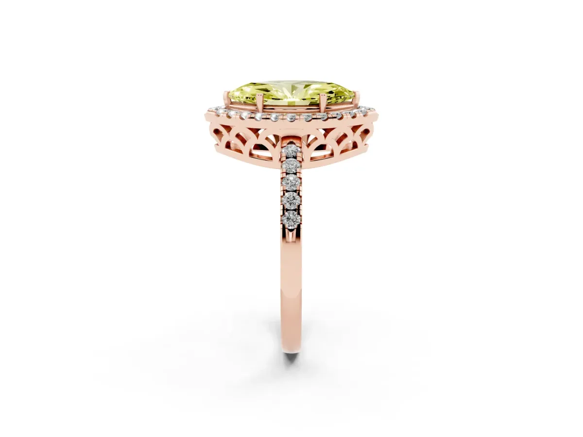 Fancy Yellow Marquise Cut Halo Diamond Engagement Ring with Pavé Band and Four-Prong Setting Rose gold