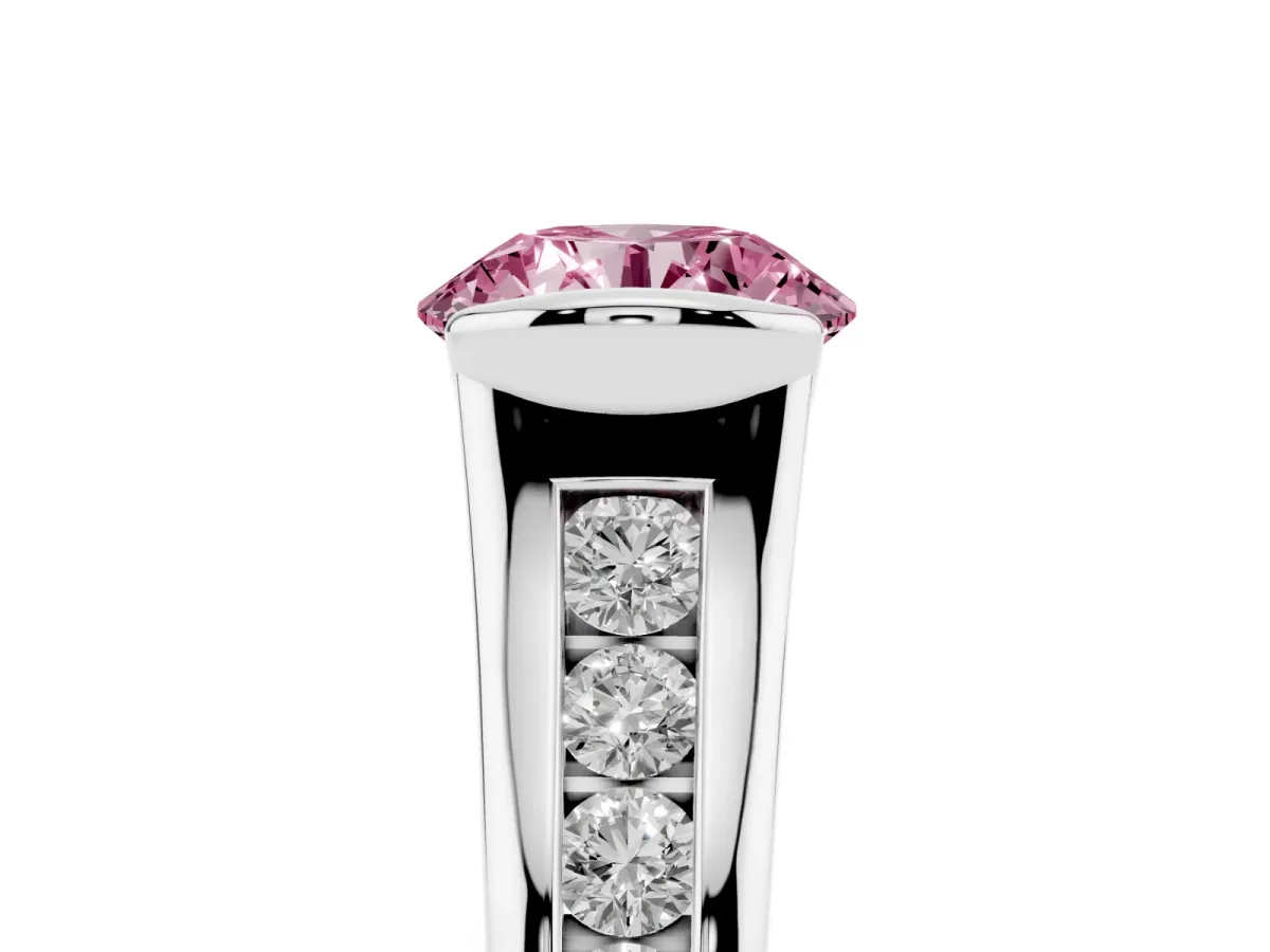 Fancy Pink Round Cut Solitaire Bezel-Set Diamond Ring with Channel-Set Band Platinum