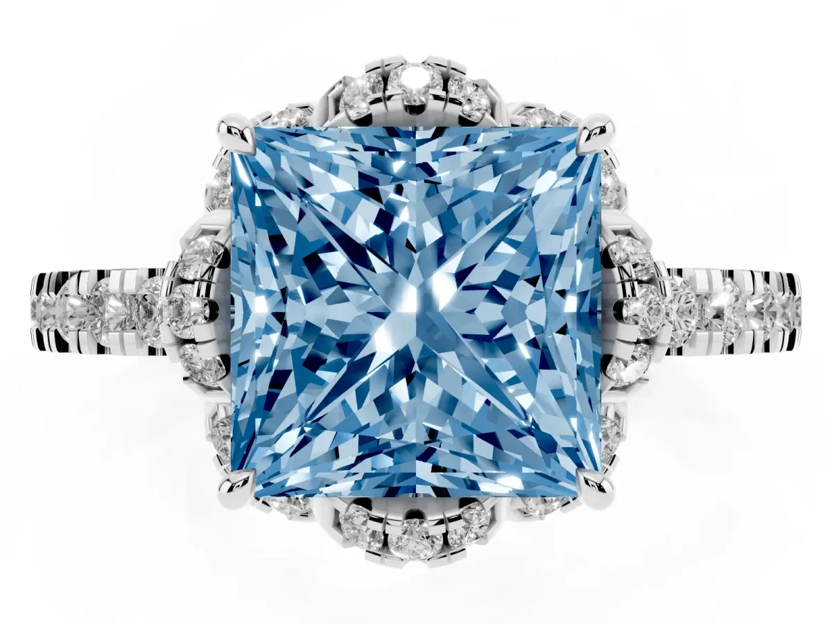 Fancy Blue Princess Cut Diamond Halo Pave Band with Four-Prong Setting Silver