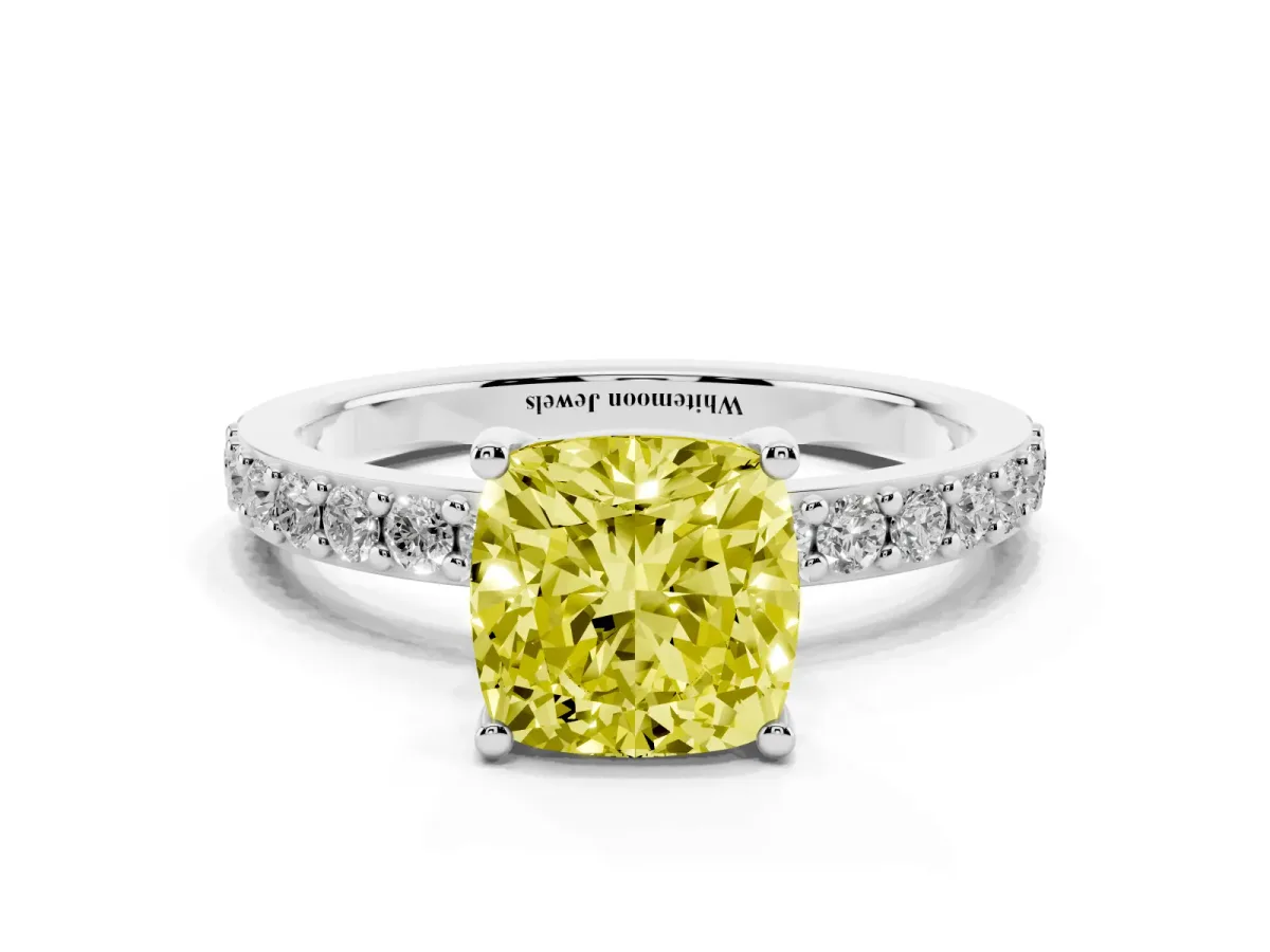 Fancy Yellow Cushion Cut Cut Diamond Solitaire with Pave Band and Four-Prong Setting Silver