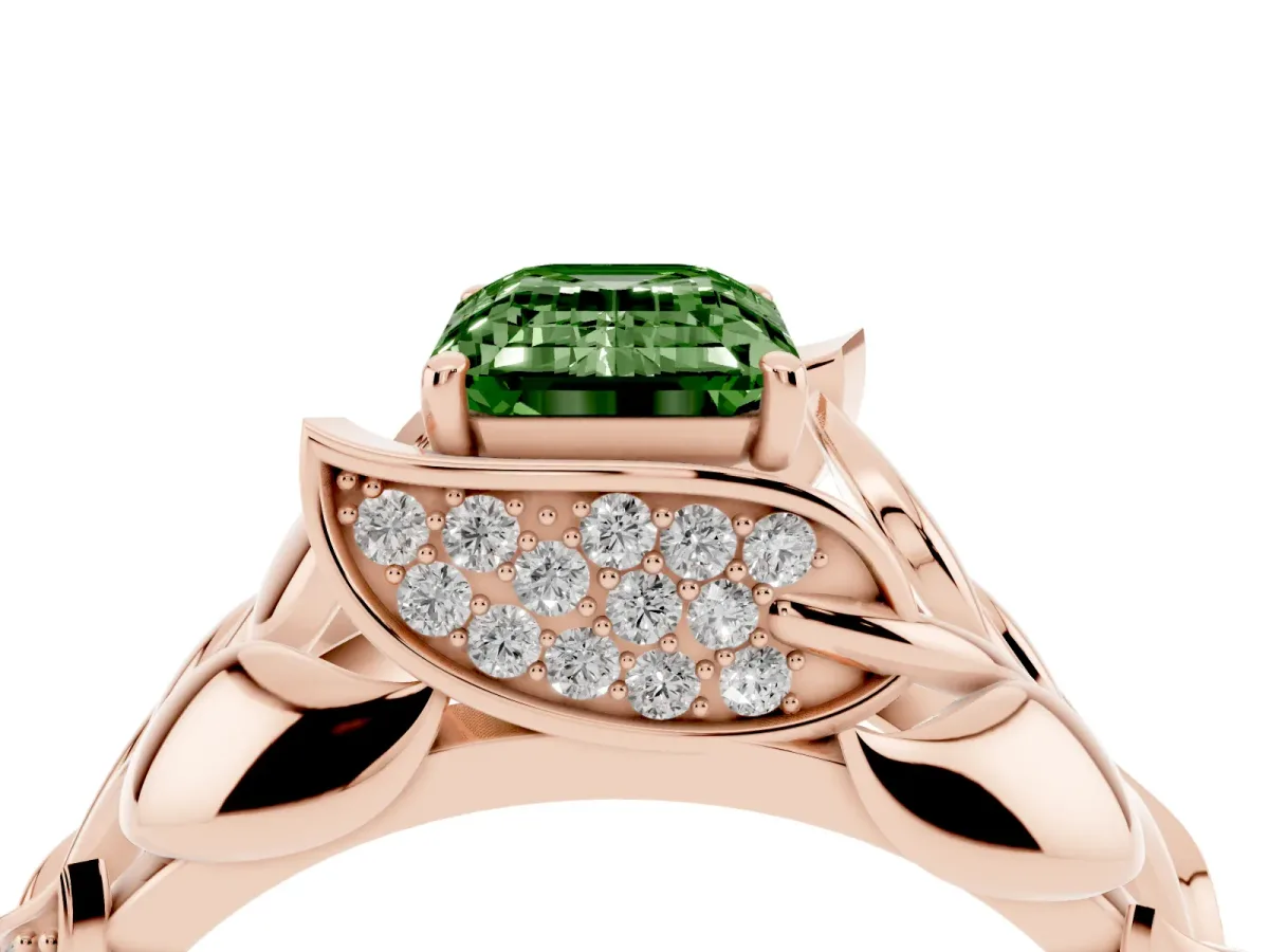 Fancy Green Emerald Cut Diamond Leaf-Inspired Engagement Ring with Round Accents and Prong Setting Rose gold