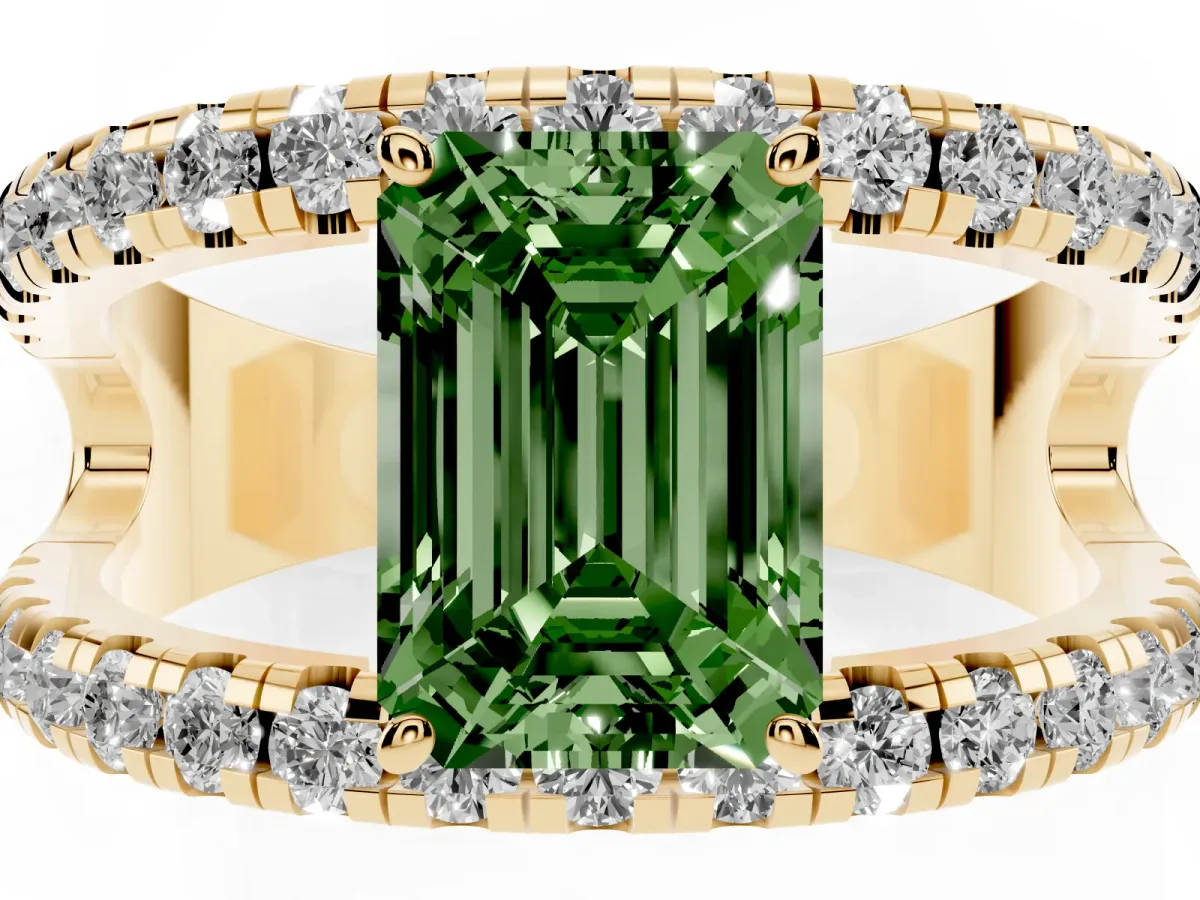 Fancy Green Emerald Cut Solitaire Split Shank Pave Diamond Ring Yellow gold