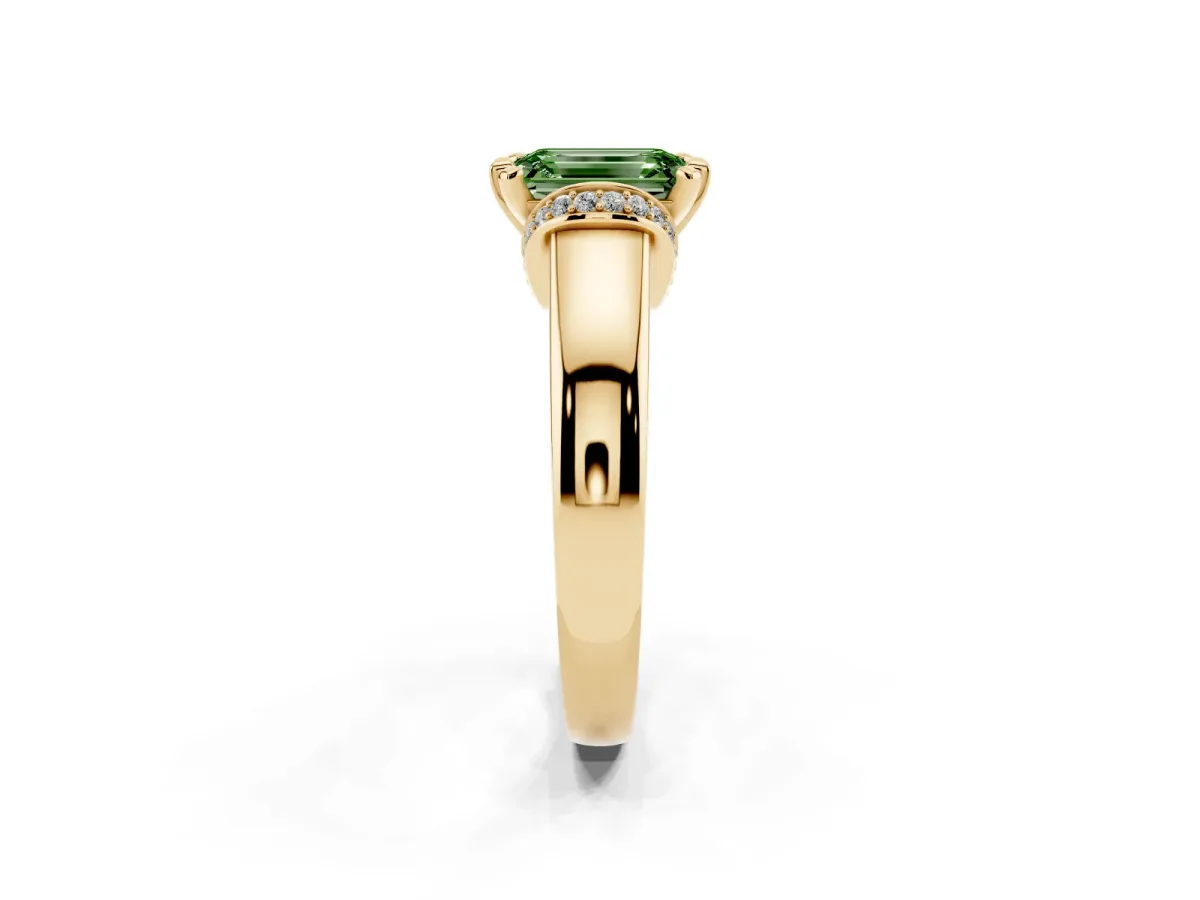 Fancy Green Emerald Cut Solitaire Diamond Ring with Pave Band and Six-Prong Setting Yellow gold