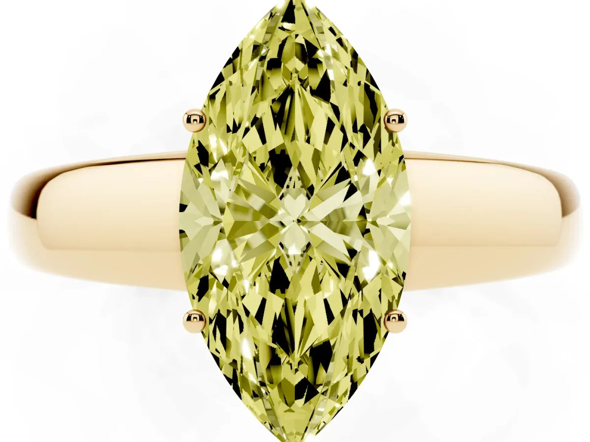 Fancy Yellow Marquise Cut Solitaire Diamond Ring with Tapered Band and Four-Prong Setting Yellow gold
