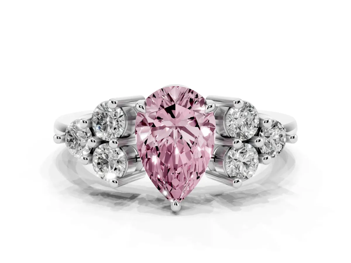 Fancy Pink Pear Cut Brilliant Diamond Cluster Accent Solitaire Ring with Prong Setting White gold