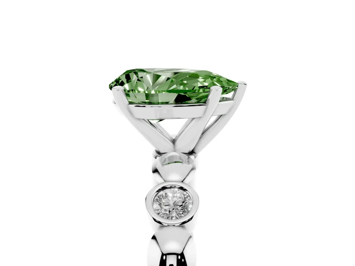 Fancy Green Pear Cut Solitaire Bezel-Set Diamond Ring with Beaded Band and Four-Prong Setting Silver