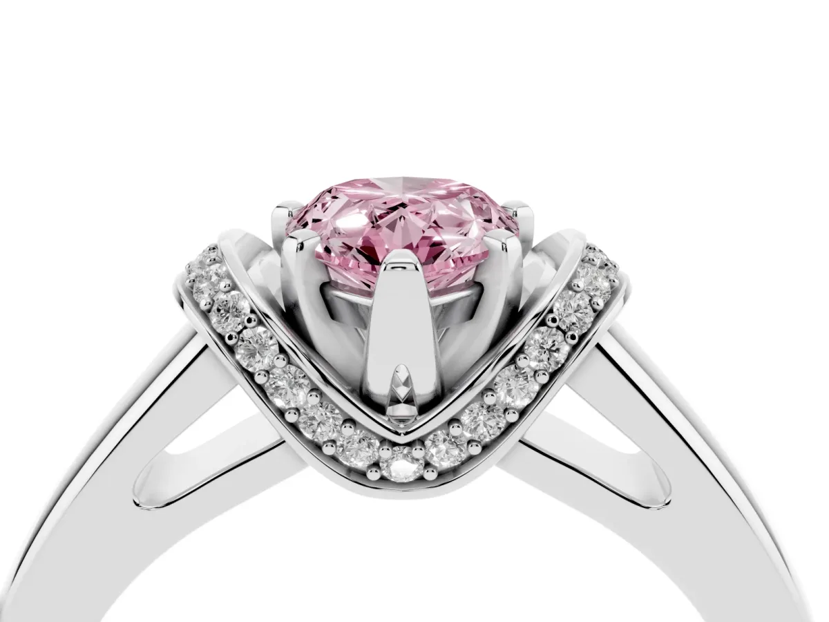 Fancy Pink Pear Cut Solitaire Diamond Ring with Pave Band and Six-Prong Setting Silver