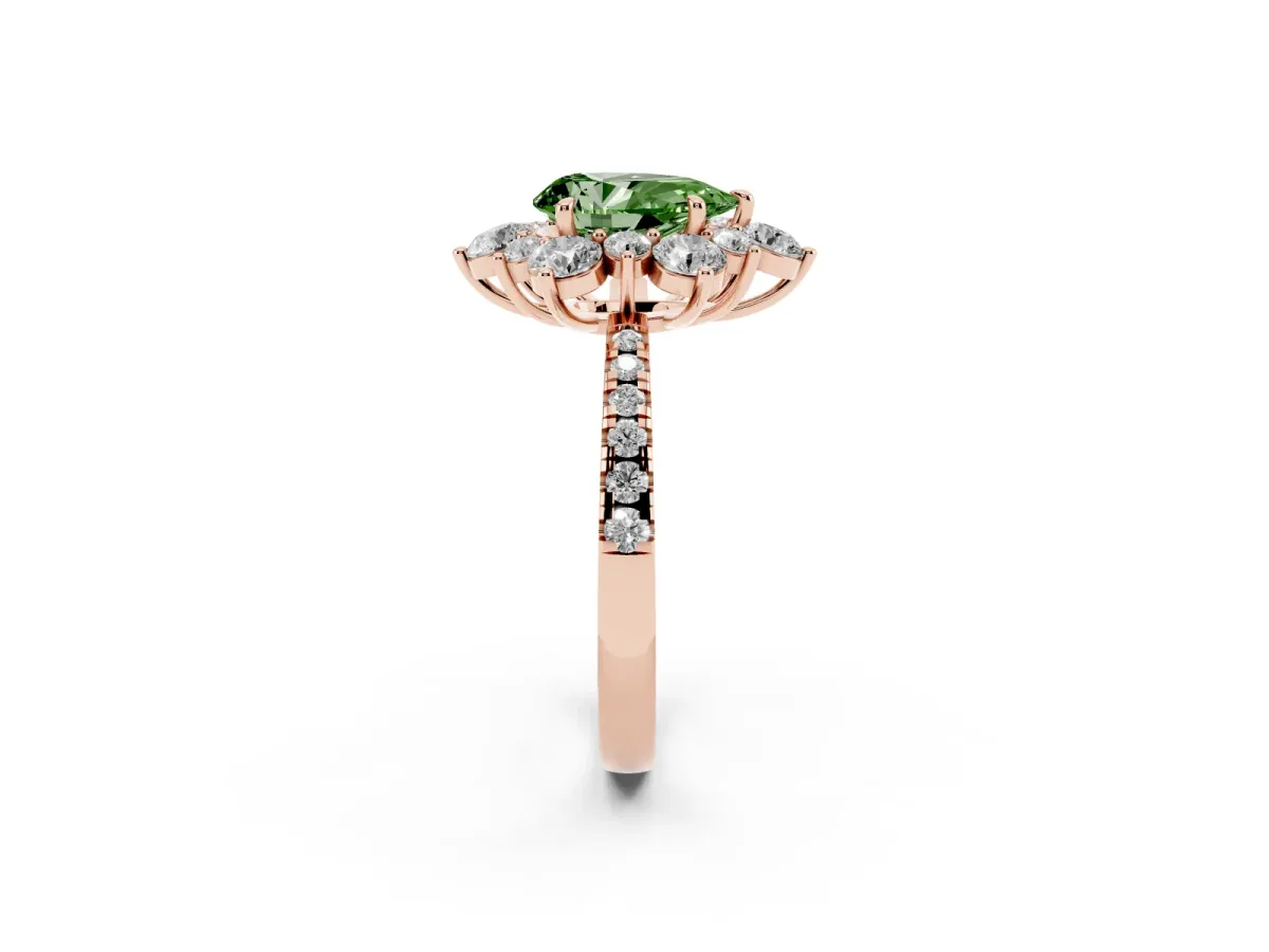 Fancy Green Pear Cut Diamond Floral Halo Ring with Round Pavé Band and Prong Setting Rose gold