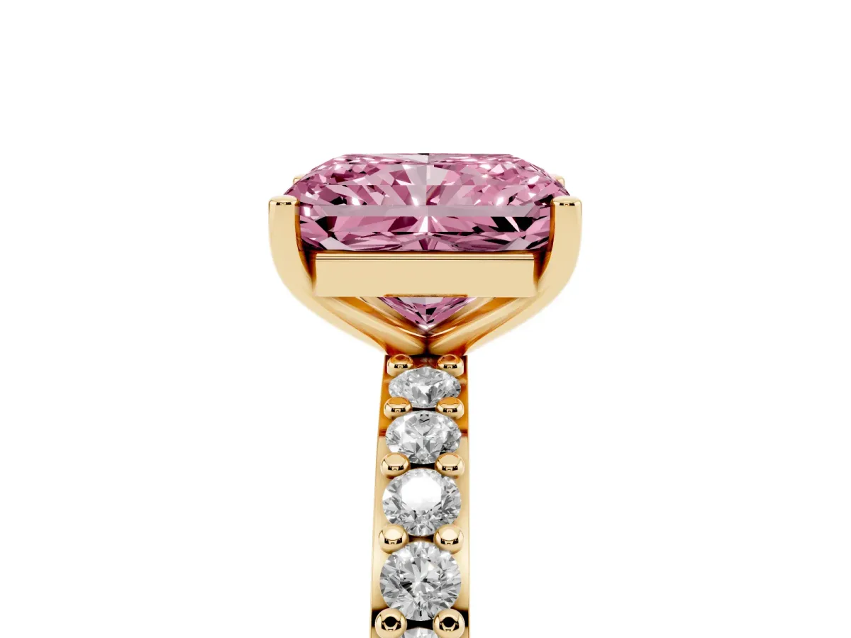 Fancy Pink Radiant Cut Cut Diamond Solitaire with Pave Band and Four-Prong Setting Yellow gold