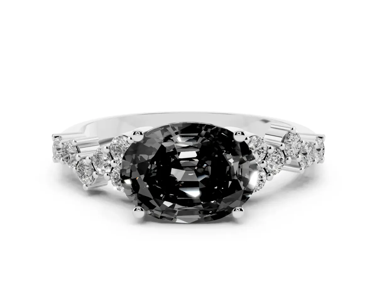 Fancy Black Oval Cut Diamond Scattered Round Accent Ring with Prong Setting Silver