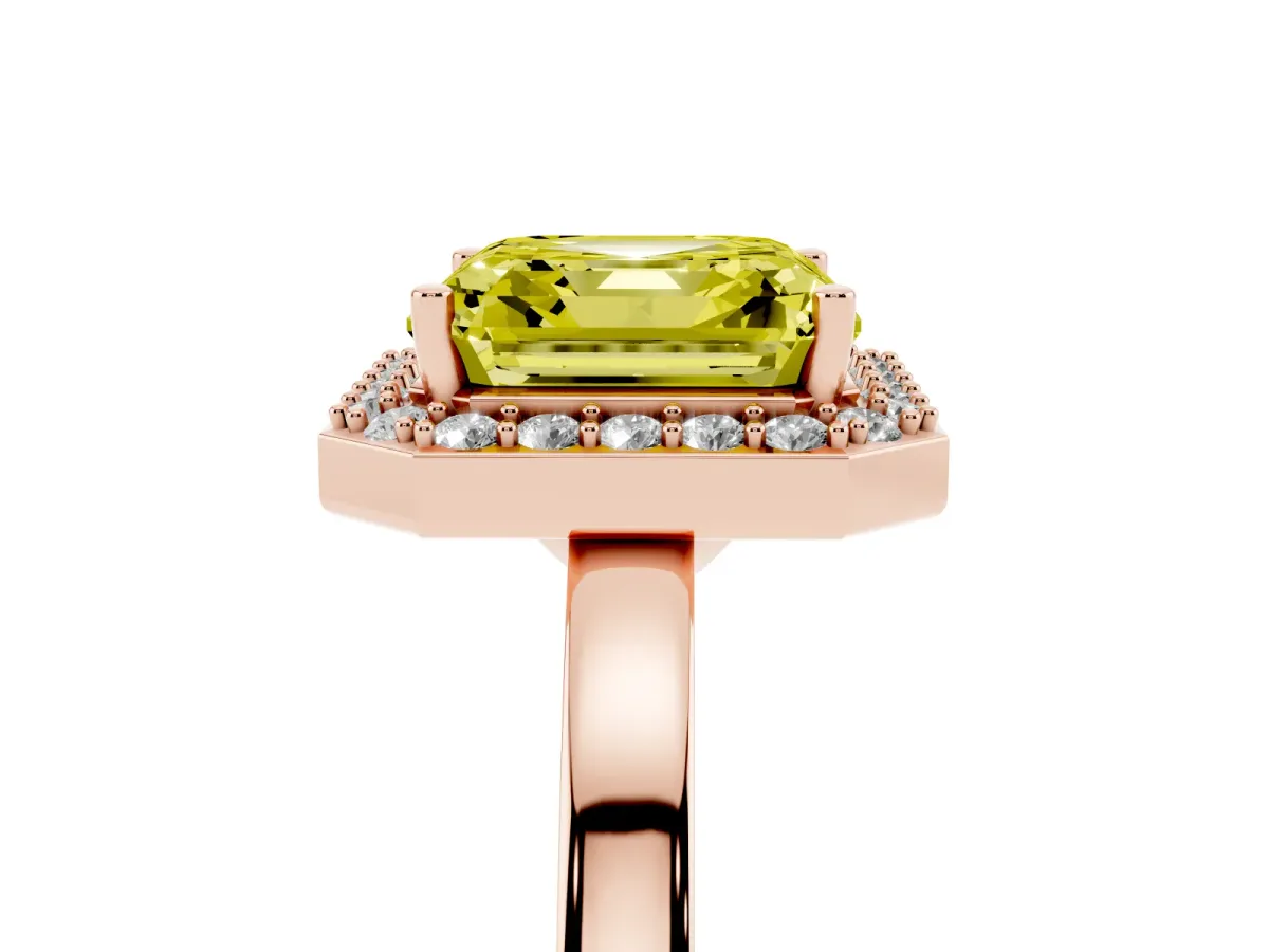 Fancy Yellow Asscher Cut Halo Diamond Ring with Solitaire Band and Prong Setting Rose gold