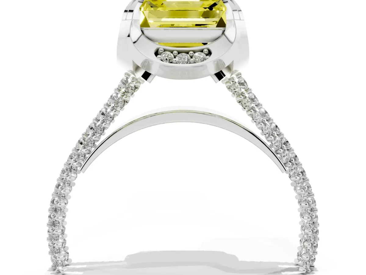 Fancy Yellow Asscher Cut Solitaire Pave Split Shank Ring with Four-Prong Setting Platinum