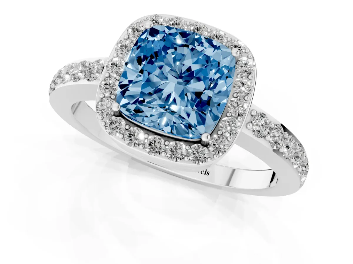 Fancy Blue Cushion Cut Halo Diamond Pavé Band Ring with Prong Setting Silver