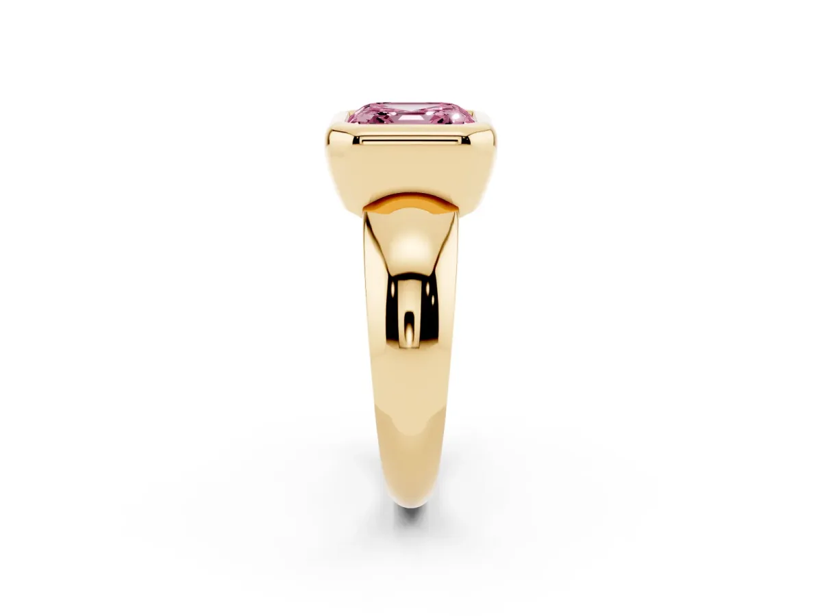 Fancy Pink Bezel Set Asscher Cut Solitaire Ring with Wide Band Yellow gold