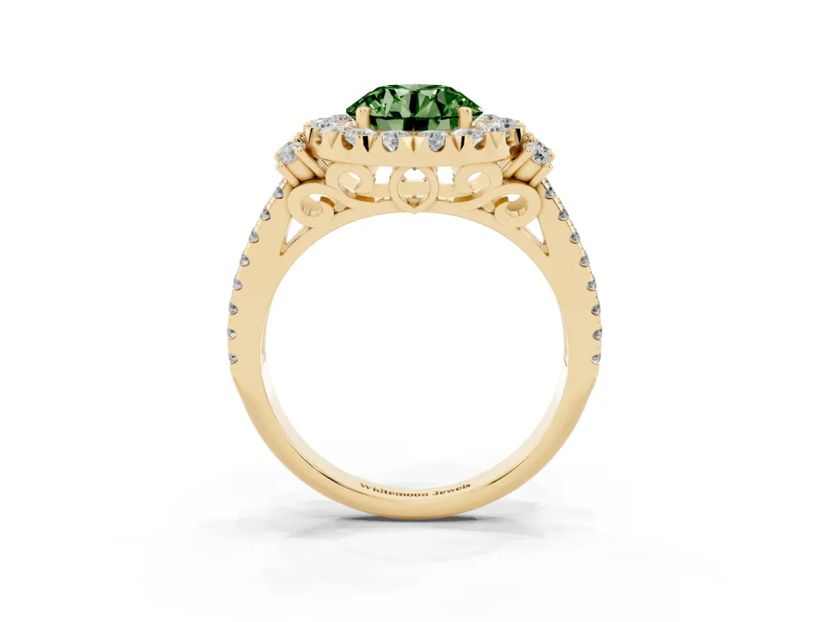 Fancy Green Round Cut Cut Double Halo Diamond Engagement Ring with Pave Band and Four-Prong Setting Yellow gold
