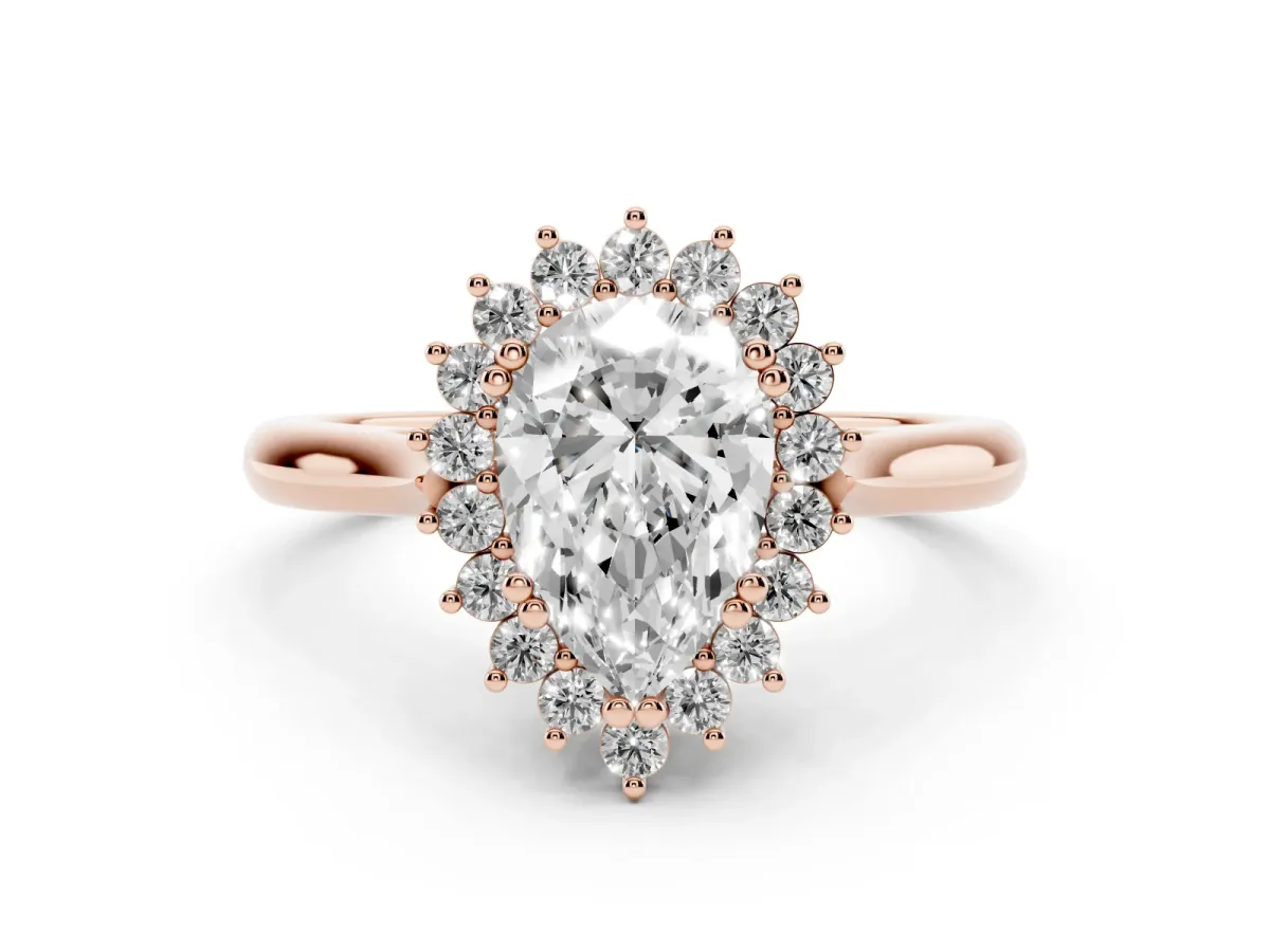 Pear Cut Cut Diamond Halo Ring with Solitaire Band and Prong Setting Rose gold